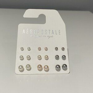 Aeropostale Pearl Stud Earrings Set - Silver, Cream, Gray
